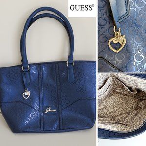 Authentic Y2K GUESS Logo Tote Handbag Cobalt Blue Glossy Silvertone Charms